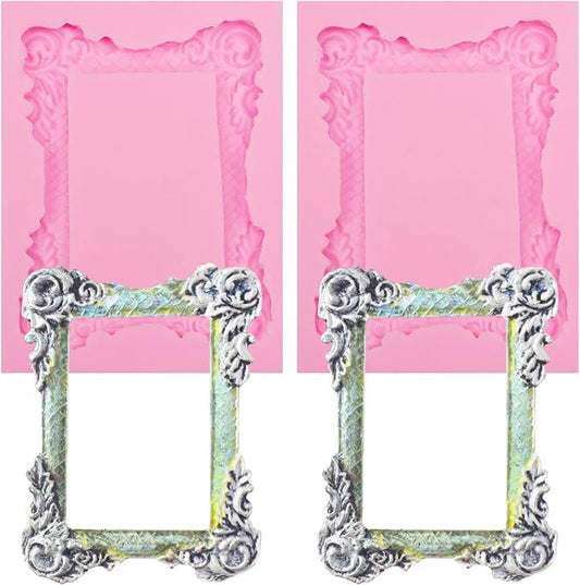 Picture Frame Silicone Fondant Molds 2 Pcs, Baroque Photo Frame Molds for Cake Decoration Candy Cupcake Topper Cake Polymer Clay Crafts Epoxy Resin Arrow Fondant Mold