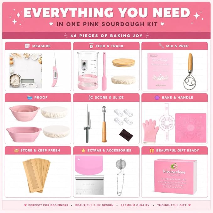 Sourdough Starter Kit for Beginners – 46-Pc Pink Sourdough Bread Making Kit with Silicone Banneton Proofing Basket, Sourdough Starter Jar, Digital Scale, Bread Lame & Sourdough Tools – Gift