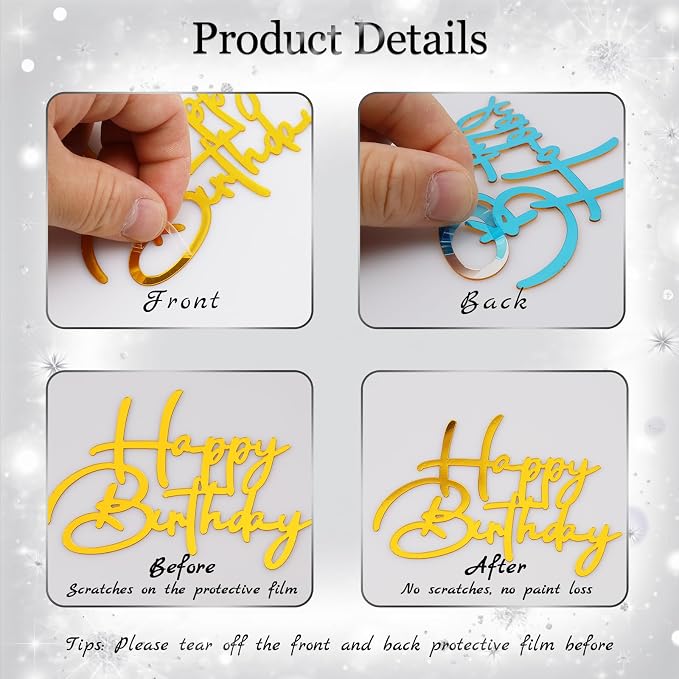 30PCS Happy Birthday Cake Topper Acrylic Cake Toppers for Party Supplies | Mirror Design Total 10 Styles Double-Sided DIY Gift Gold Silver Black Mixed
