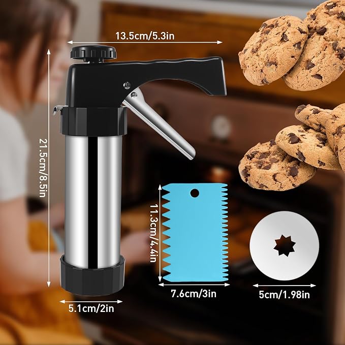 52 Pcs Cookie Press Gun Kit Stainless Steel Cookies Press Spritz Cookie Press Gun for Baking with 16 Cookie Discs,Piping Tips,Piping Bags for DIY Christmas Cookies Maker Cake Decorating