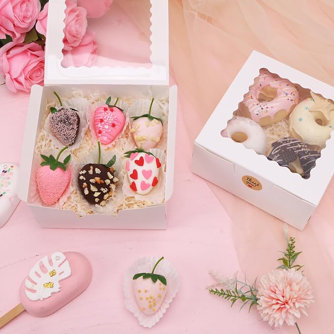 TOMNK 16pcs Cookie Boxes with Window, 6x6x3 Inches Bakery Boxes for Treats, Chocolate Covered Strawberries, Cupcake, Pastry(with Stickers)