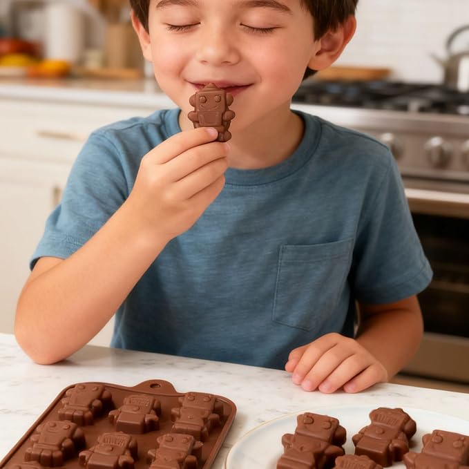 Chocolate Molds Silicone with 12 Cavity Robot Shaped, Mini Robot Molds for Homemade Chocolate/Candy/Gummy/Fondant, Food Grade Candy Mold with 12 Cavities Mini Robots for Fruit Snacks