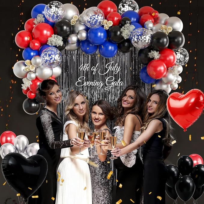 157Pcs Red Black Silver Blue Balloons Garland Arch Kit with Black Fringe Curtain Backdrop for Birthday Graduation New Year's Eve Baby Shower Party Decorations