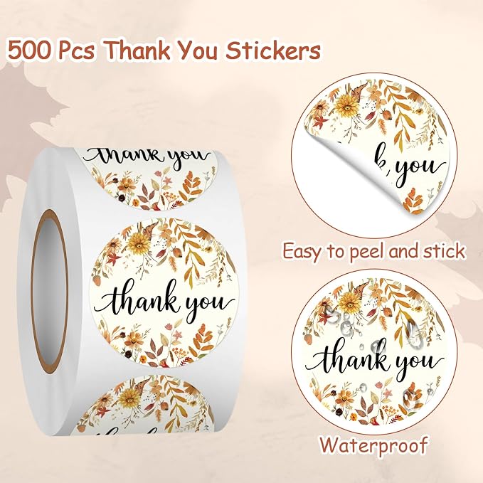Louise Maelys 1.5 Inch Thank You Stickers-500 Pcs Thank You Label Sticker with Autumn Floral Design for Small Business, Party Favors, Gift Wrapping, Scrapbooking,Envelope
