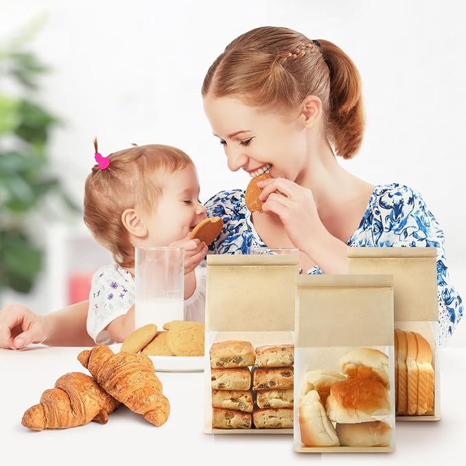 Ohuimrt Bread Bags for Homemade Breads, 50 PCS, 11 x 5.1 x 3.9 Inches | Tin Tie Tab Lock, Window, Bakery Bags, for Pastry Bagel Cookie Packaging