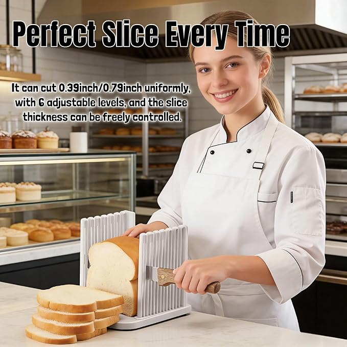 Adjustable Bread Slicer for Homemade Toast - 4 Thickness Settings Foldable Bread Cutting Guide with Crumb Tray, Food Grade ABS Kitchen Baking Tool for Bread, Cheese, Fruits & Vegetables