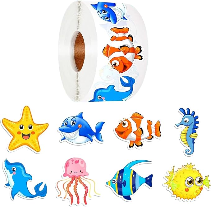 Ocean Animal Stickers Roll, 500PCS Cute Under The Sea Creature Stickers Crab Jellyfish Turtle Octopus Fish Bulk Self-Adhesive Labels for Party Favors Classroom Rewards Scrapbooking 2