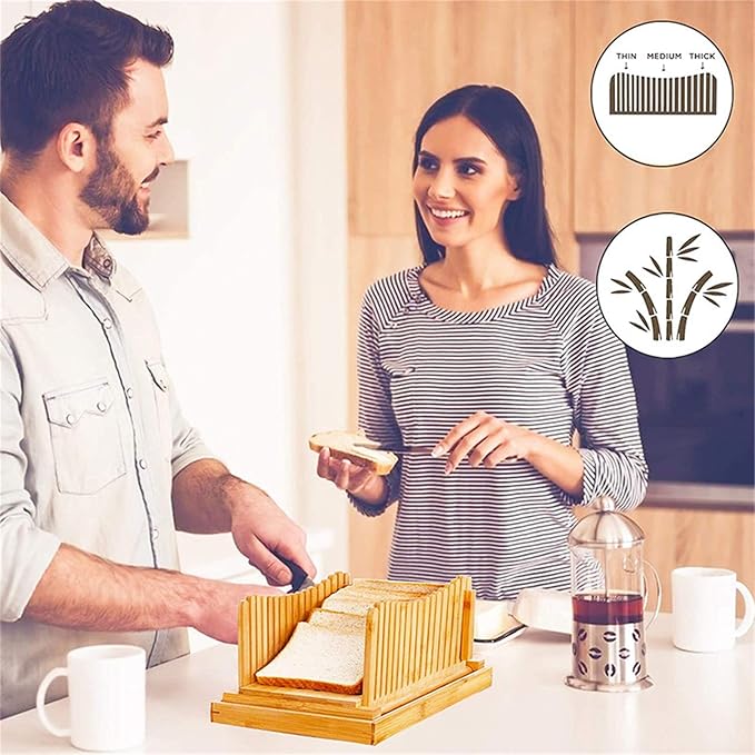Nature Bamboo Bread Slicer Cutting Foldable Wood Bread Cutter Adjustable 3 Thickness Loaf Bread Cutting Board For Homemade Bread Loaf Cakes Bagels Kitchen Baking Tools
