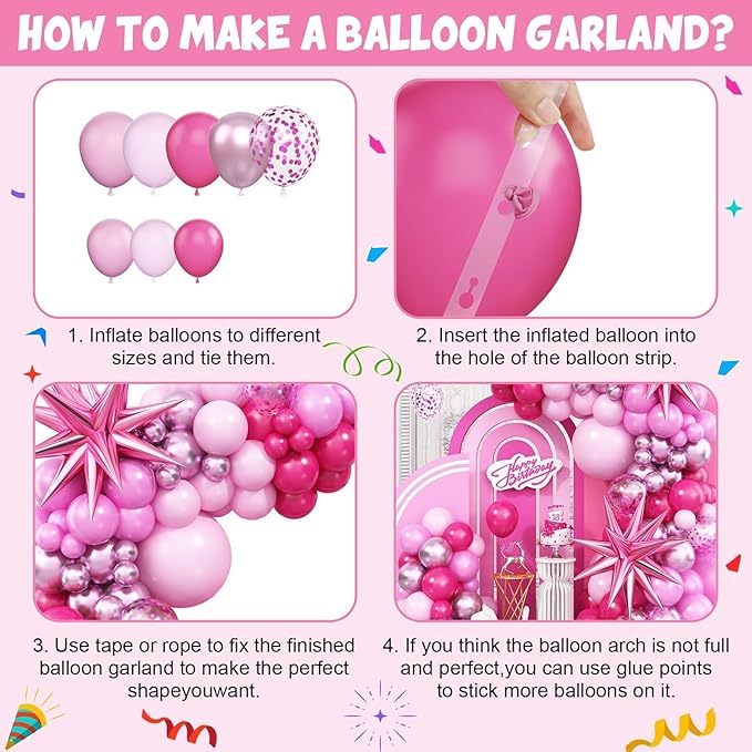 Pink Balloon Garland Arch Kit with Star Foil Balloons, Metallic Pink Matt pink Hot pink Pastel pink Balloons Arch Kit for Girls Women Birthday Wedding Baby Shower Princess Theme Party Decorations