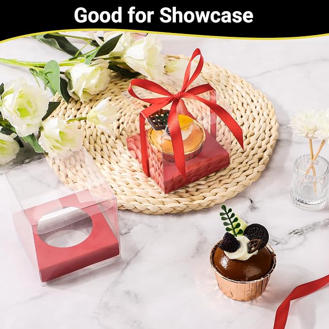 EUSOAR Cupcake Boxes, 3.5 Inch 100 Packs Muffins Gift Wrappers individual Cupcake Containers with Ribbon, Clear Dessert Pastry Holder Disposable Cookies Carrier for Wedding Party Favor Bakery-Red