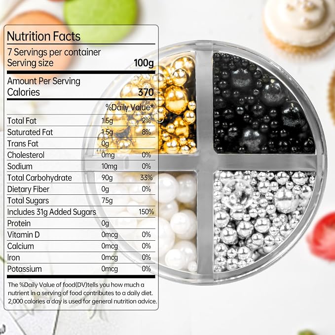 Edible Pearl Sprinkles for Cake Decorating, 160g/5.64oz, Mix 4 Colors Gold White Silver and Black Pearls Sprinkles for Cupcake, Cookies, Baking Cake Decorations, Holiday, Wedding Party Supplies