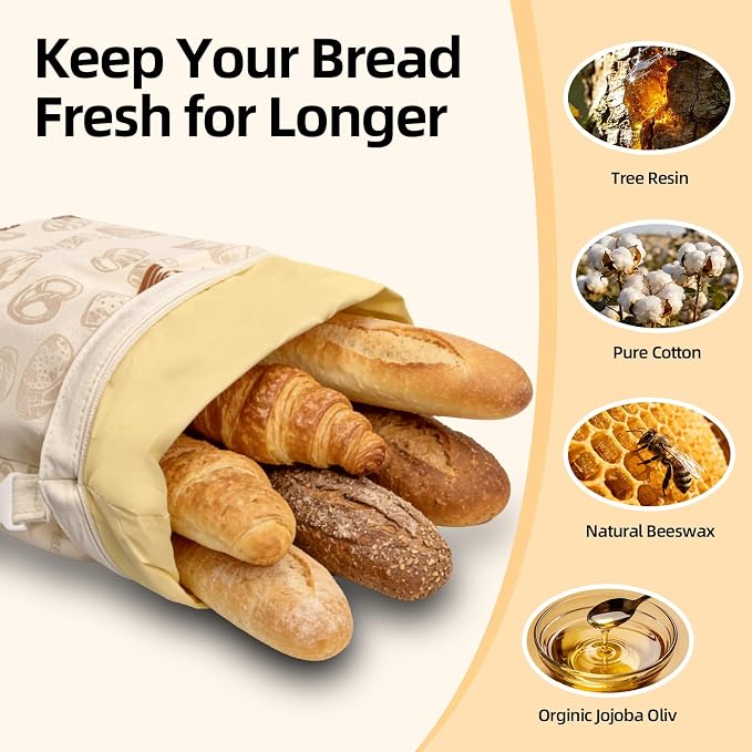 2 Pack Beeswax Bread Bags for Sourdough Homemade Bread, Organic Linen Reusable Natural Bread Storage Bag, Keep Fresh Moisture, Freezer-Friendly, Large Capacity Food Storage Cloth Bag