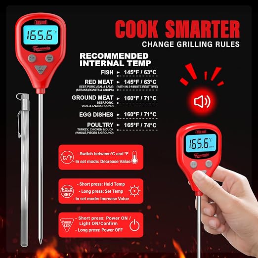 AWLKIM Digital Meat Thermometer with Dual Probes, Wine Red - Instant Read Food Thermometer with 1m Leave-in Probe, Alarm, Backlit LCD, IP67 Waterproof & USB-C Rechargeable for Grilling, BBQ, Smoking