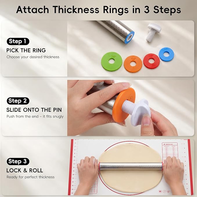 Adjustable Stainless Steel Rolling Pin & Non-Slip Silicone Baking Mat Set with Thickness Rings, Dough Roller with Guides & Pastry Mat for Fondant,Pizza, Cookies, Pies,Baking Supplies & Kitchen Gadgets