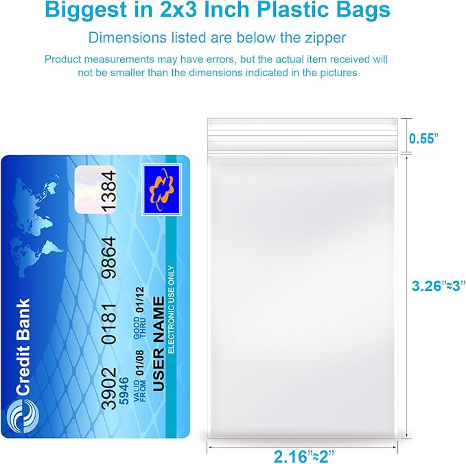 2''x 3'', (Pack of 100) Thick Clear Plastic Reclosable Zip Poly Bags with Resealable Lock Seal Zipper for Photo, Jewelry, Bakery, Treats, Travel, Storage, Packaging & Shipping