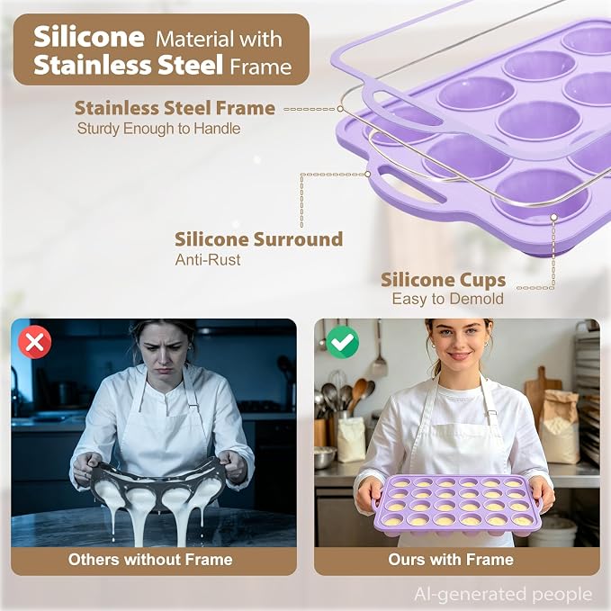 Silicone Muffin Pan Set: Non Stick 12 & 24 Silicone Muffin Pans for Baking Easy Release - Complete Shaping Each Use Avoid Re-baking - BPA-free Cupcake Tin Reinforced Frame for Oven Home Bakers