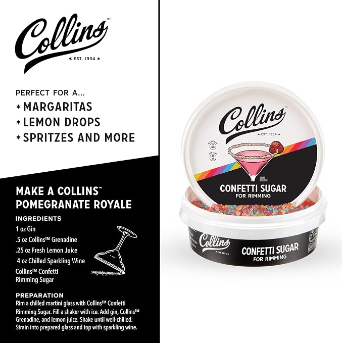 Collins Confetti Sugar, All-Natural Cocktail Rimming Sugar Made with Plant-Based Colors, Non-GMO Drink Garnish for Cocktails and Mocktails, Add Festive Flair to Your Drink Presentation, 4 oz