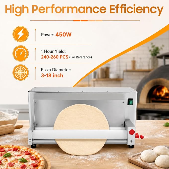 Commercial Pizza Dough Roller Machine, 450W Electric Dough Sheeter Machine Automatic Pastry Press Making Machine, 260 Portions/Hour, Adjustable 1-5.5mm Thickness for Pizza/Pasta/Bakery (3-18 in)
