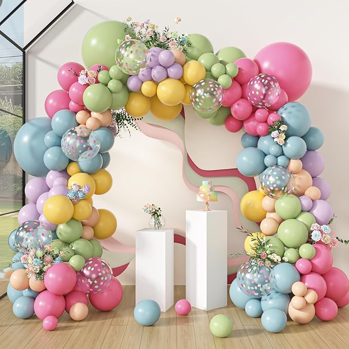 Amandir 153Pcs Flower Balloons Arch Garland Kit Different Sizes 18 12 10 5inch Pink Green Yellow Dusty Blue Spring Wildflower Balloons for Floral Baby in Bloom Shower Daisy Birthday Party Decorations