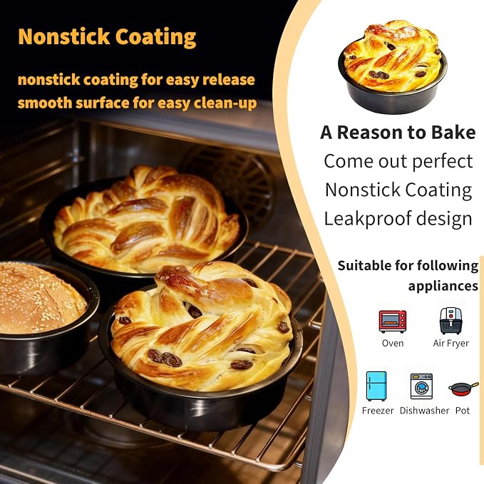 3-Piece Round Cake Pans Set (4", 6", 8"), Heavy-Duty Carbon Steel Baking Pan Set for Layer Cakes and Deep Dish Pizzas, Non-Stick Professional Tiered Cake Molds, Straight Side & Dishwasher Safe, Grey