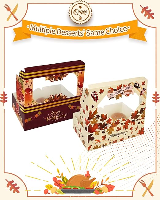 qiqee Thanksgiving Cookie Box with Window 9x6x2.5 inch 15Pcs Pastry Macaron Thanksgiving Leaves Bakery Box For Thanksgiving Day