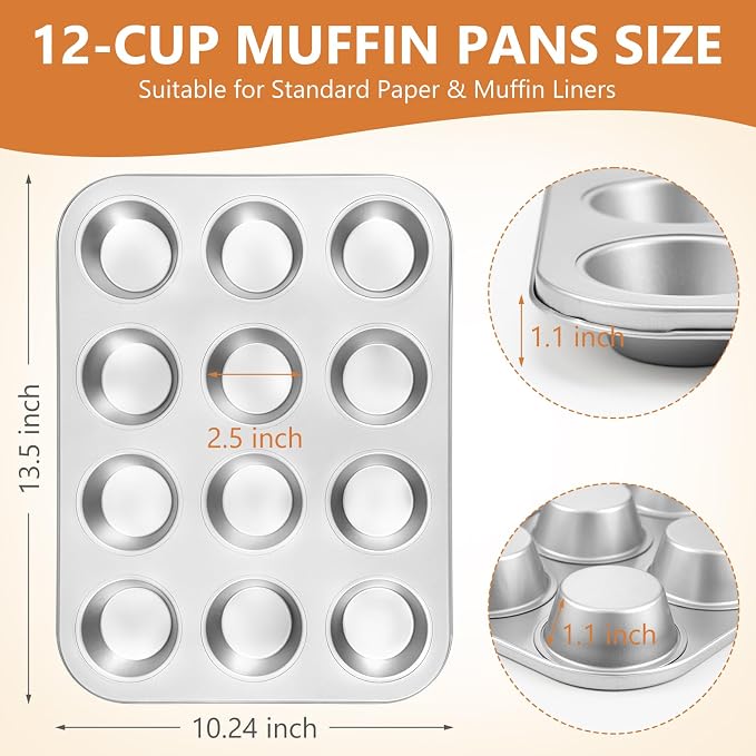 Domensi 4 Pcs Muffin Pan 12 Cup Carbon Steel Cupcake Baking Pan Nonstick Tin Tray for Standard Muffins, Brownie, Tart, Quiche, Heavy Duty Bakeware Set, Oven & Dishwasher Safe