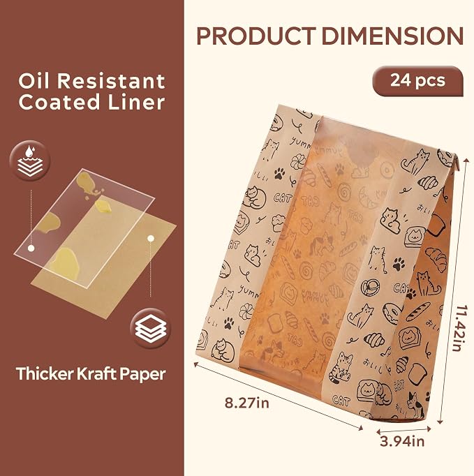 50PCS Paper Bread Bags for Homemade Bread and Sourdough, Clear Window Bakery Bags for Storage and Gifting, 50% Thicker Kraft Material, Includes Sealing Stickers