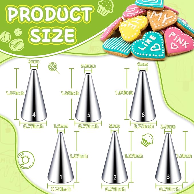 Hendiy 6 Pieces Round Stainless Steel Piping Tips Set | Icing Tips, Cupcake Frosting Nozzles, Small Decorating Piping Tip, For Cookies Cupcake