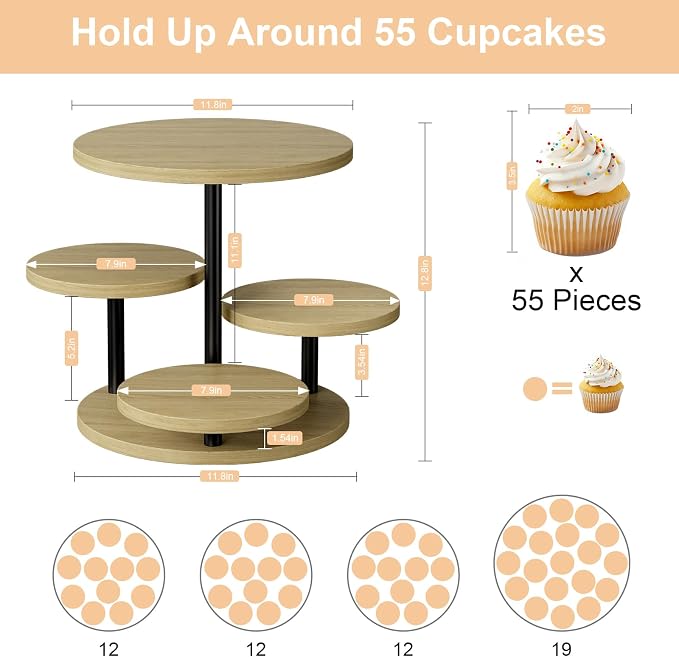 Cake Stand for 50 Cupcakes 360°Rotating Wooden Cupcake Display Stand Round Cookie Stands 4 Tiered Tray Stand for Parties Birthday Wedding Baby Shower Afternoon Tea Dessert Table, Oak