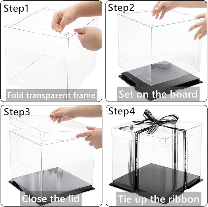 Cididu 6 Pack Clear Cake Box with Ribbon, 2-Layer Tall Cake Carrier Box, Packaging Boxes 10x10x9 Inch, PET Clear Gift Box with Lid, Transparent Cake Containers for Mother's Day Birthday Party Wedding