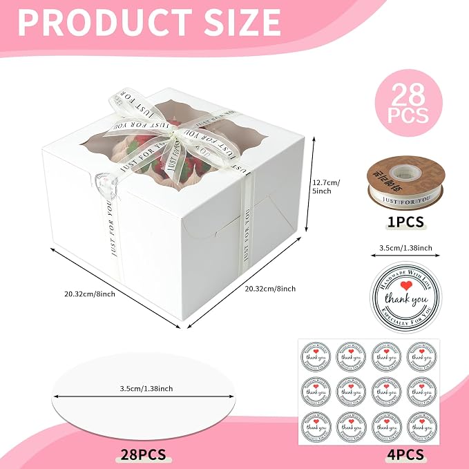28 Sets 8x8x5 Cake Box, White Cake Box with Window 28pcs White Boxes and 28 pcs Boards, 8inch Cake Containers with Lids for Easter and Mother's Day Cheesecake, Cakes.(8 * 8 * 5inch/28pcs)