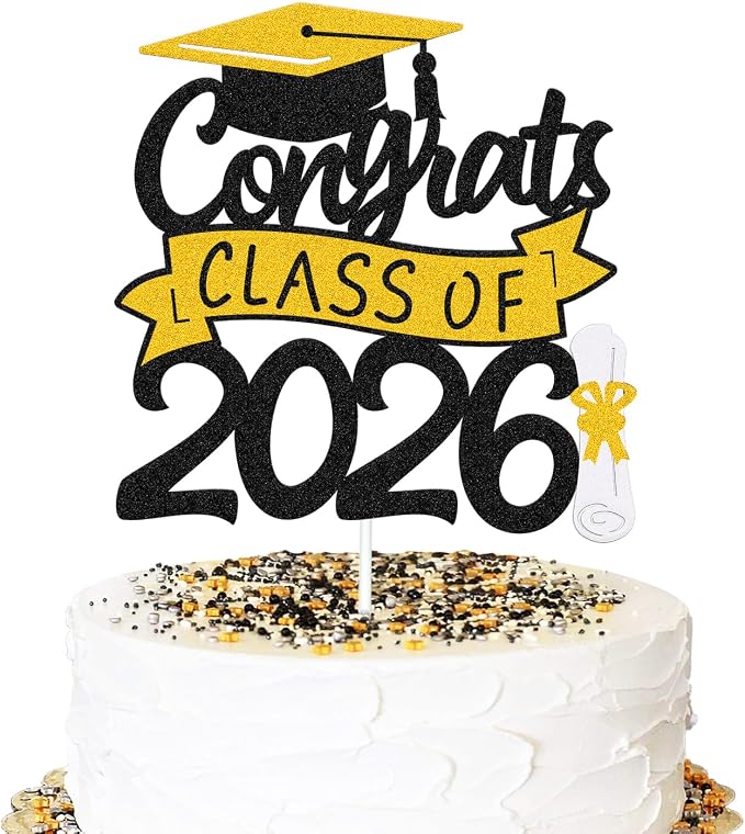 Congrats Class of 2026 Cake Topper Congrats Grad Cap Diploma Theme for High School Happy Graduation Party Supplies College Graduate Decoration (Gold)