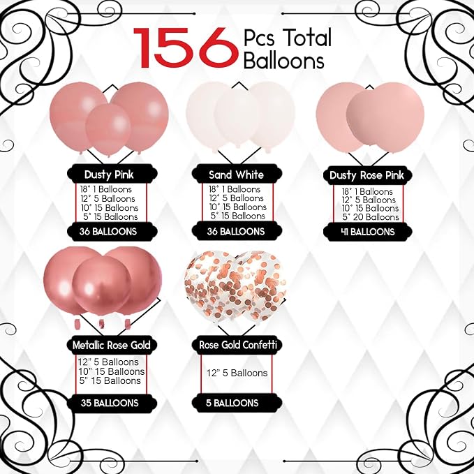 Archloon 156pcs Dusty Pink Balloon Garland Arch Kit, Different Sizes 18 12 10 5 inch Pink White Sand Metallic Confetti Pink Balloons for Girl Baby Shower Birthday Boho Party Decorations