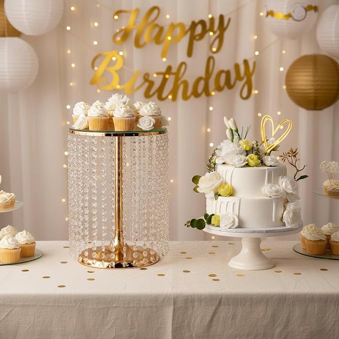 Wedding Cake Stand for Dessert Table 12 Inch Gold Crystal Pendants Metal Cake Stand Serves as A Round Dessert Cupcake Display Plate 16 Inch Tall (Gold)