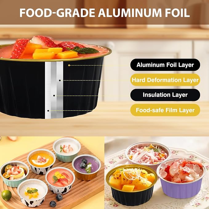 50PCS Mixed color Disposable Ramekins with lids,5oz Aluminium Foil Baking Cups Creme Brulee Mini cake pans, Cheesecake Pans Flan Molds Tin Cups Containers for Party (Mixed color with Lids 50PCS)