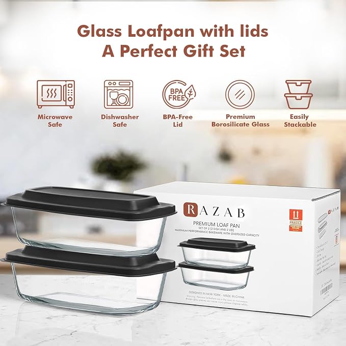 Razab LARGE 7.6 Cups/1800 ML/1.9 Qt Glass Loaf Pan with Lids (Set of 2) - Meatloaf Pan BPA free Airtight Lids Grip Handle Easy Carry, Microwave and Oven Safe - Loaf Pans For Baking Bread, Cakes