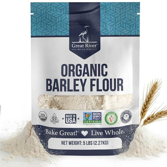 Great River Milling Organic Barley Flour | Unbleached, Unbromated, Non-GMO, Kosher | High Fiber, Nutty Flavor Perfect for Breads, Pancakes, & More | 5 Lb