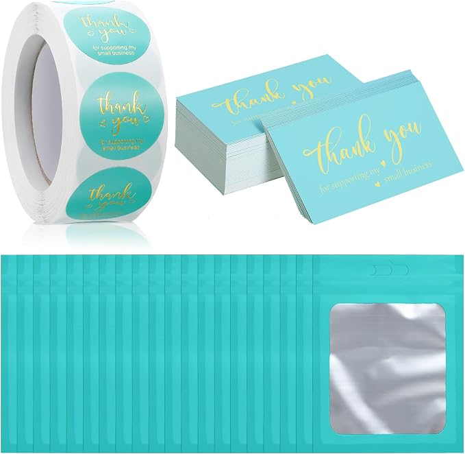 Outus 620 Pieces Thank You for Supporting My Small Business Cards and Stickers Set, Thank You Gold Foil Stickers with Resealable Packaging Bag for Business Owners Packaging Supplies (Blue)