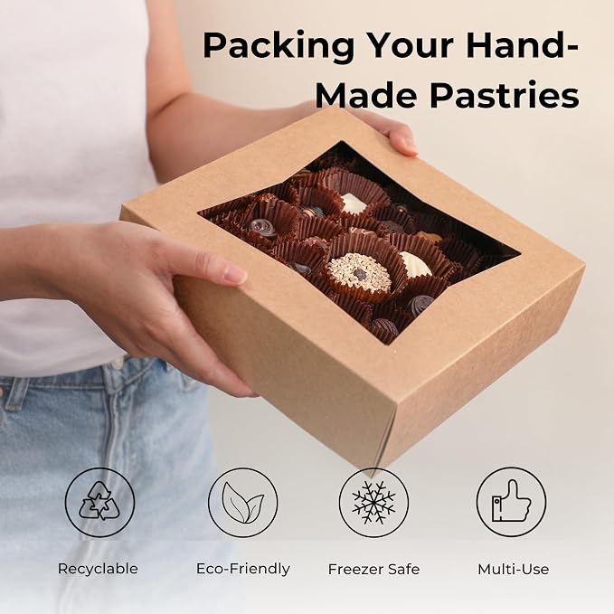 Fit Meal Prep 25 Pack 9 x 9 x 2.5 Inches Pie Boxes with Window, Square Kraft Pastry Boxes, Auto Pop-up Brown Boxes for Cookies, Cakes, Muffins, Dessert