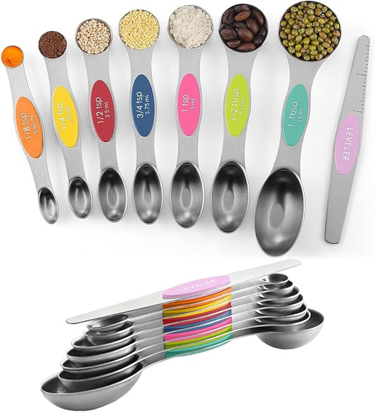 ChefAide Pack of 8 Stainless Steel Magnetic Measuring Spoons Set, Dual Sided, Stackable, Adjustable Teaspoon and Tablespoon Measure Spoon with Leveler, Kitchen Gadgets