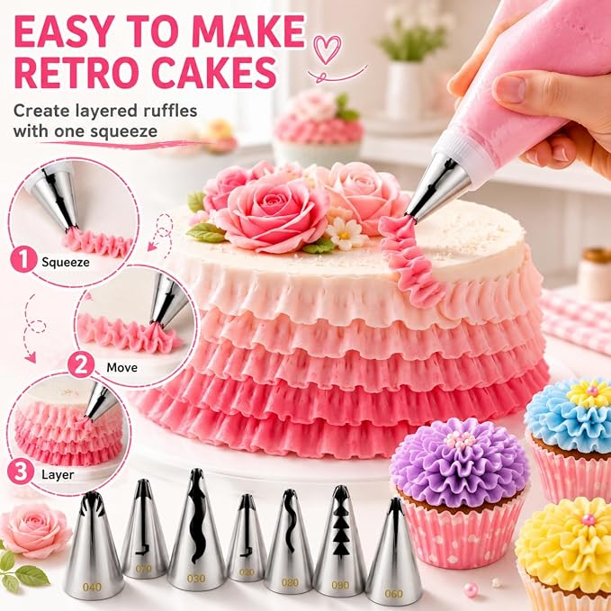 7 Pcs Pleated Skirt Piping Tips, Stainless Steel | Russian Nozzles Tips Piping, For Pastry Fondant Cookie And Birthday Cake DIY Cream Baking Tools