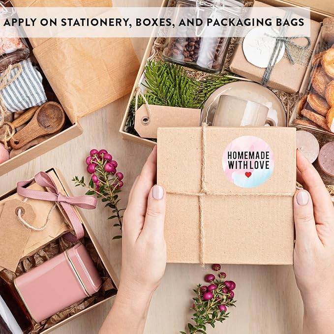 Andaz Press Round Small Business Sticker Labels, 120-Pack, Watercolor Homemade with Love, Red Heart, Handmade Stickers for Packaging, Product Labels for Small Business