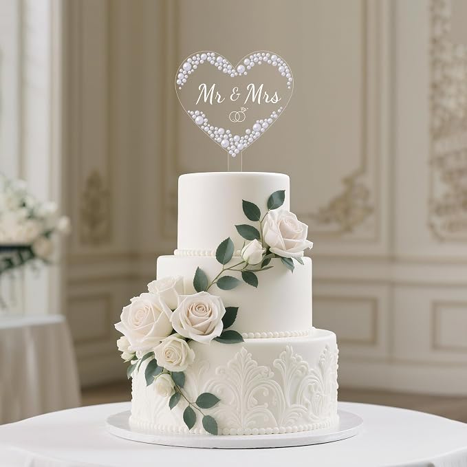 Coucoland Mr and Mrs Cake Topper - Heart Wedding Cake Decor with Elegant Pearls for Engagement Bridal Anniversary