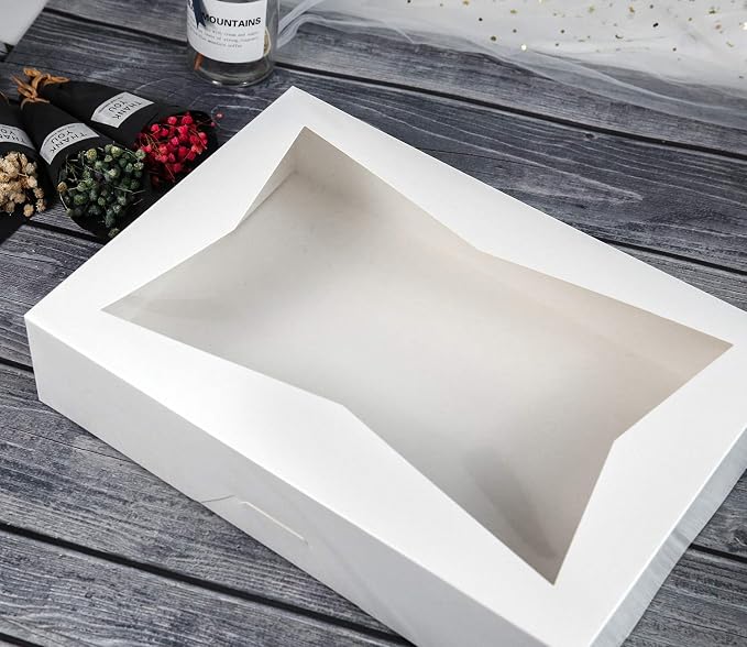 ONE MORE 14 x10 x 3inch White Lock Corner Window Bakery Cookie Boxes, Large Paperboard Container with PVC Windows for Pie, Pack of 12