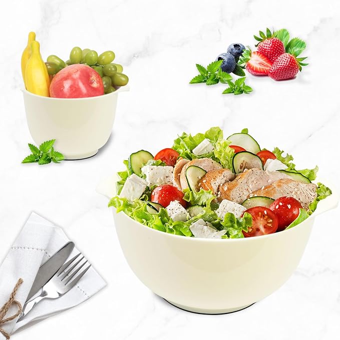 BoxedHome 4.5 Quart Large Plastic Mixing Bowls, Microwave Safe Mixing Bowl Set with Pour Spout, Nesting Bowls for Space Saving Storage(Beige)