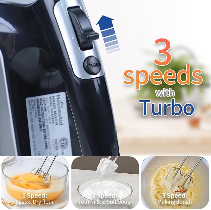 200W Hand Mixer, Lightweight Electric Mixer with Turbo Function, 5-Speed Handheld Mixer for Whipping, Folding, and Dough Kneading, Compact Storage with Attachments,black