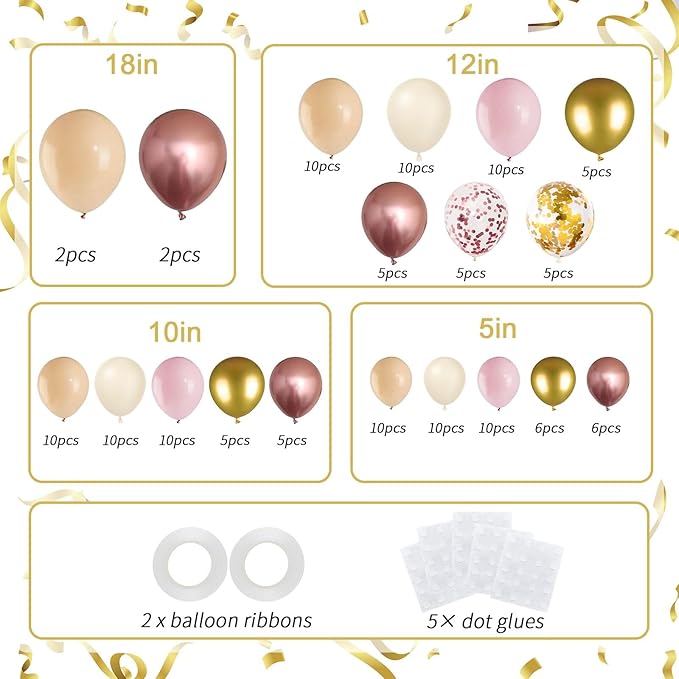 136pcs Rose Gold Balloon Garland Arch Kit, 18 12 10 5 inch Blush Pink and Rose Gold confetti Balloons for Wedding, Bridal Baby Shower, Princess Birthday Party Decorations