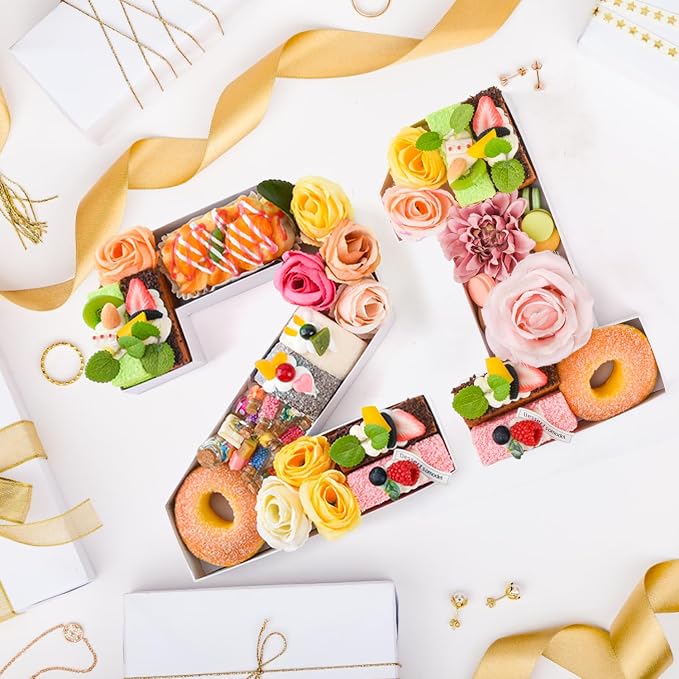 21 Set Cardboard Number for Charcuterie 10.2'' Fillable Tray Charcuterie Paper Box for 21th Birthday Anniversary Party Decorations Chocolate Candy Cupcake Container