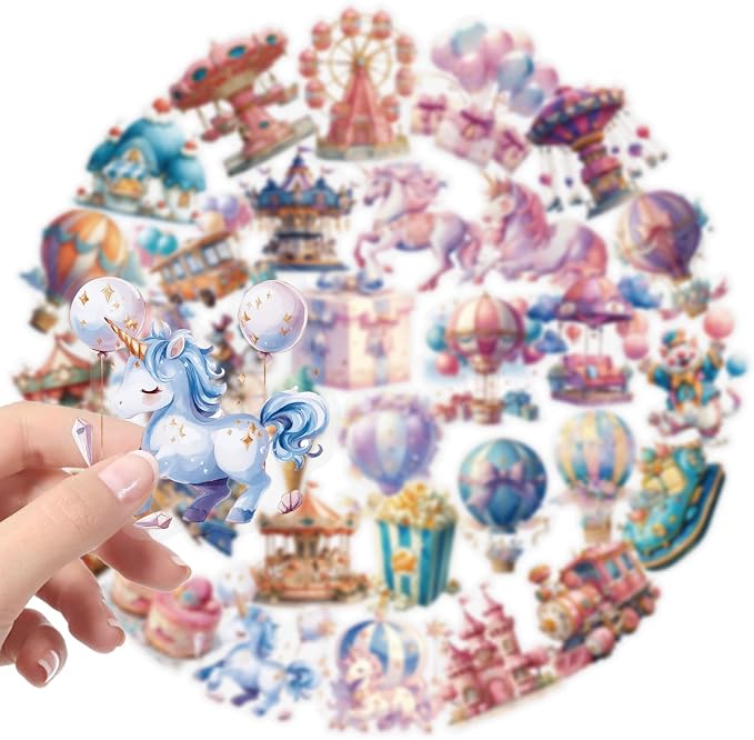 50 pcs Watercolor Carnival Fairytale Amusement Park Clear PET Stickers, Hot Air Balloon Carousel Unicorn Castle Transparent Die-Cut Decals for Journal Scrapbook Planner Kids Party DIY Craft Decor