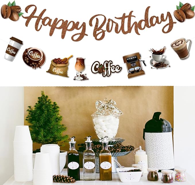 Zwiebeco Brown Coffee Happy Birthday Party Decoration Banner Bunting Garland Hanging Paper for Boys Girls Men Women Adults Cafe Coffee-Themed Birthday Decor Accessories Supplies